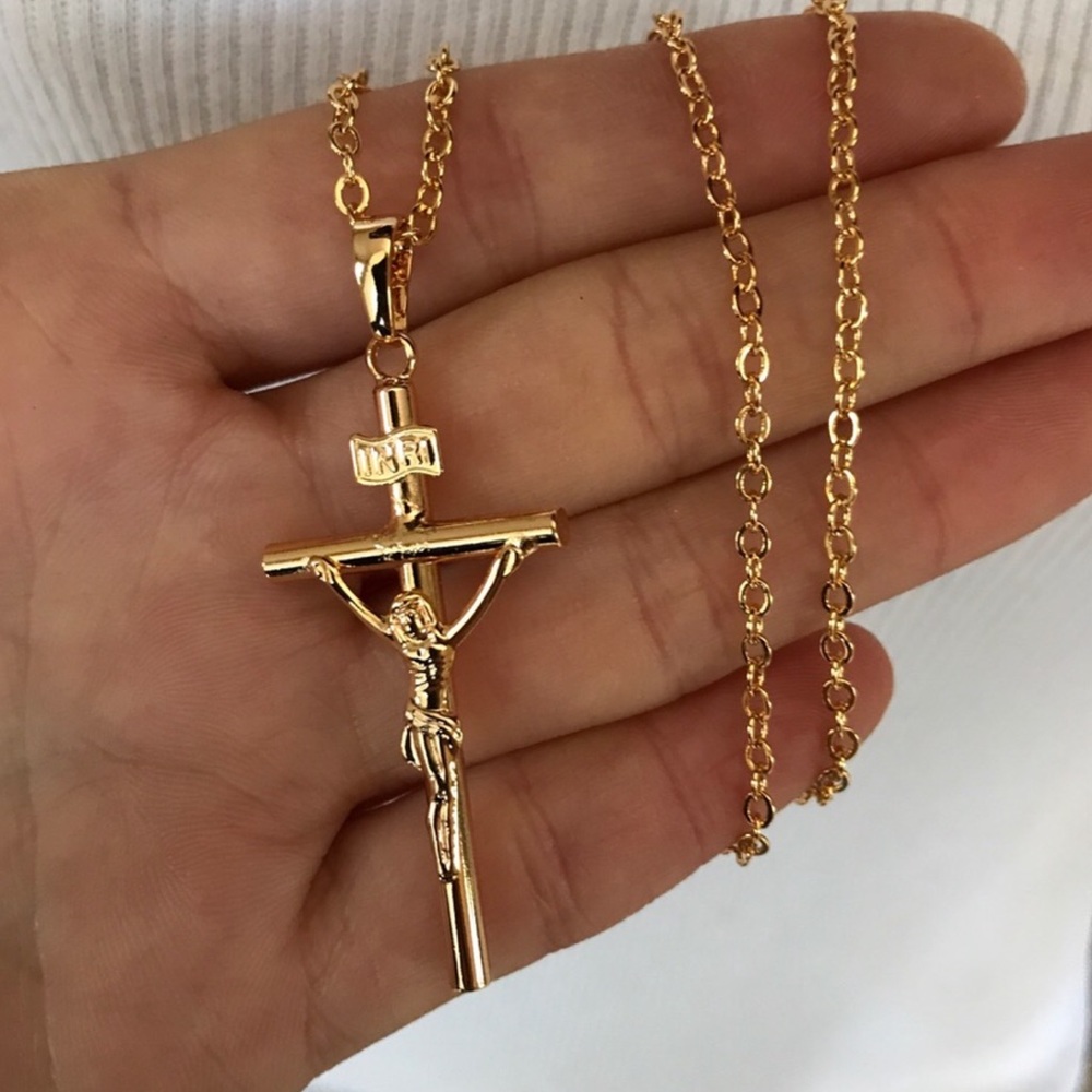 New 18k gold cross necklace for men women